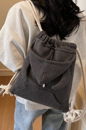 Women's Drawstring Bucket Hat Hoodie with Double Shoulder Bag - Versatile Small Backpack for Travel and Commuting