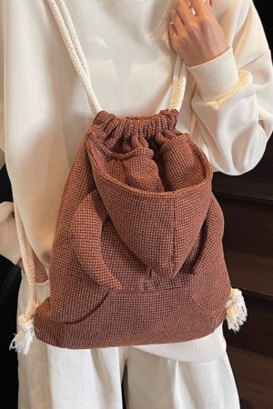 Women's Drawstring Bucket Hat Hoodie with Double Shoulder Bag - Versatile Small Backpack for Travel and Commuting