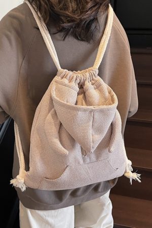 Women's Drawstring Bucket Hat Hoodie with Double Shoulder Bag - Versatile Small Backpack for Travel and Commuting