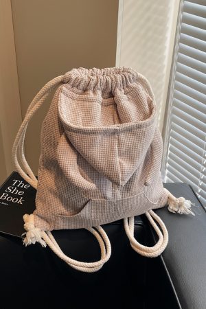 Women's Drawstring Bucket Hat Hoodie with Double Shoulder Bag - Versatile Small Backpack for Travel and Commuting