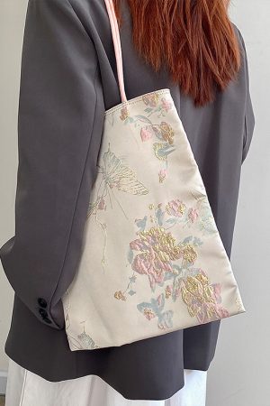 Women's Embroidered Canvas Tote Bag - Chinese Style National Wind Design, Shoulder Handbag for 2025 Fashion Trends