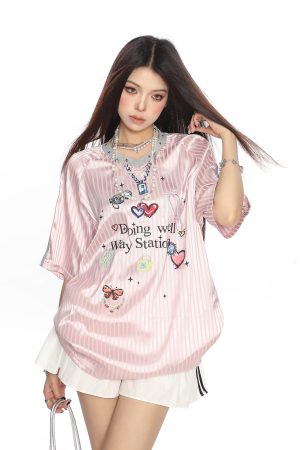 Womenâ€™s Graffiti Striped Short Sleeve T-Shirt - Summer Cool Sports Style, Unique Loose Fit for Y2K and 90s Inspired Looks