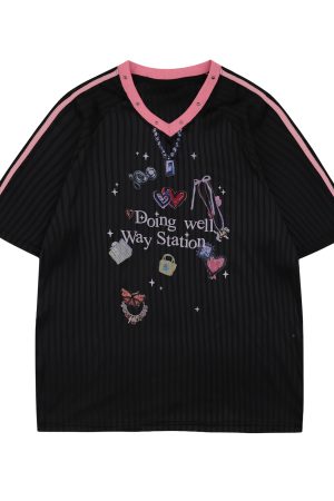 Womenâ€™s Graffiti Striped Short Sleeve T-Shirt - Summer Cool Sports Style, Unique Loose Fit for Y2K and 90s Inspired Looks