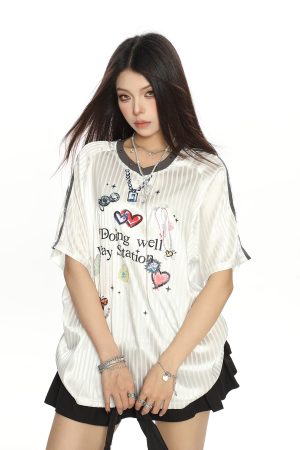Womenâ€™s Graffiti Striped Short Sleeve T-Shirt - Summer Cool Sports Style, Unique Loose Fit for Y2K and 90s Inspired Looks