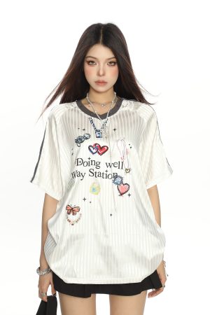 Womenâ€™s Graffiti Striped Short Sleeve T-Shirt - Summer Cool Sports Style, Unique Loose Fit for Y2K and 90s Inspired Looks