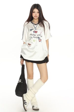 Womenâ€™s Graffiti Striped Short Sleeve T-Shirt - Summer Cool Sports Style, Unique Loose Fit for Y2K and 90s Inspired Looks