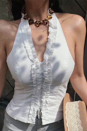 Women's Handmade V-Neck Ruffled Waist-Tie Backless White Tank Top - Perfect for Vacation, Australian Niche Style