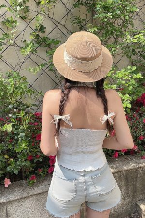 Women's Handmade V-Neck Ruffled Waist-Tie Backless White Tank Top - Perfect for Vacation, Australian Niche Style