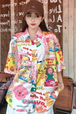 Women's Hawaiian Floral Short Sleeve Shirt - Fun Cartoon Print, Casual Beach Loose Top for Summer Style