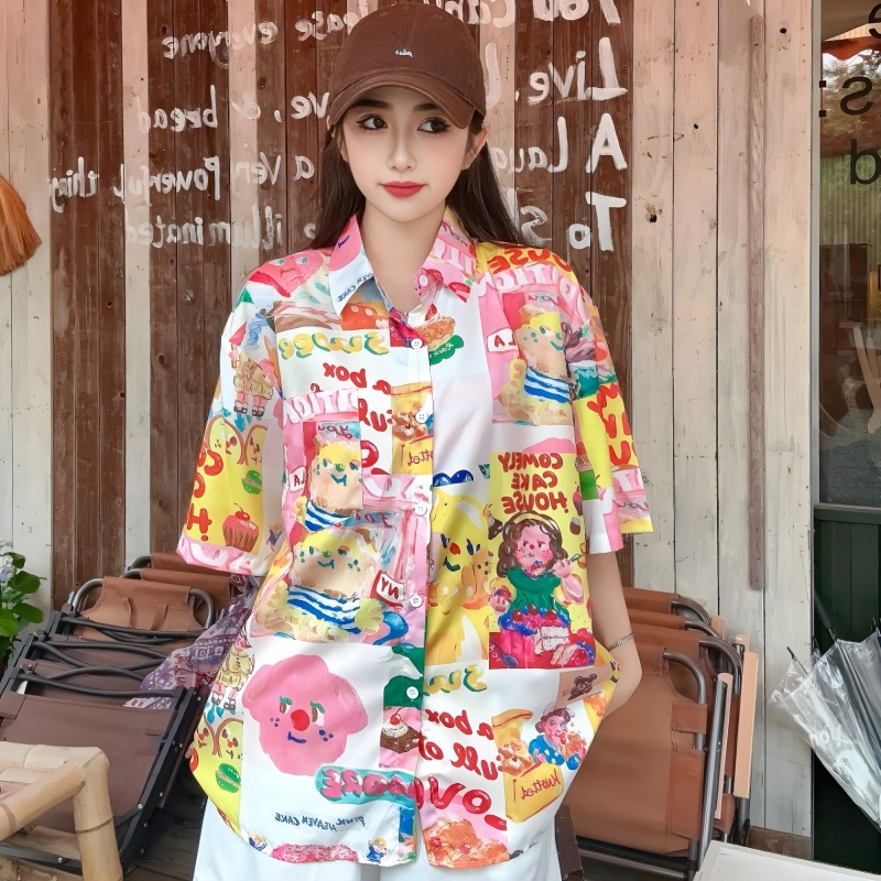 Women's Hawaiian Floral Short Sleeve Shirt - Fun Cartoon Print, Casual Beach Loose Top for Summer Style Women's Hawaiian Floral Short Sleeve Shirt - Fun Cartoon Print, Casual Beach Loose Top for Summer Style