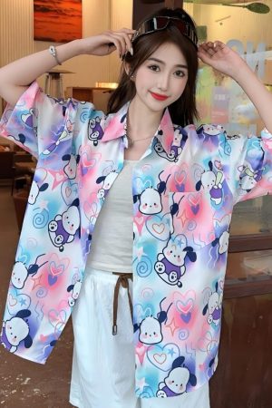 Women's Hawaiian Floral Short Sleeve Shirt - Fun Cartoon Print, Casual Beach Loose Top for Summer Style