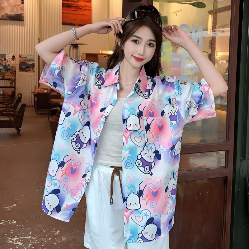 Women's Hawaiian Floral Short Sleeve Shirt - Fun Cartoon Print, Casual Beach Loose Top for Summer Style Women's Hawaiian Floral Short Sleeve Shirt - Fun Cartoon Print, Casual Beach Loose Top for Summer Style