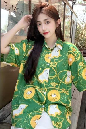 Women's Hawaiian Floral Short Sleeve Shirt - Fun Cartoon Print, Casual Beach Loose Top for Summer Style