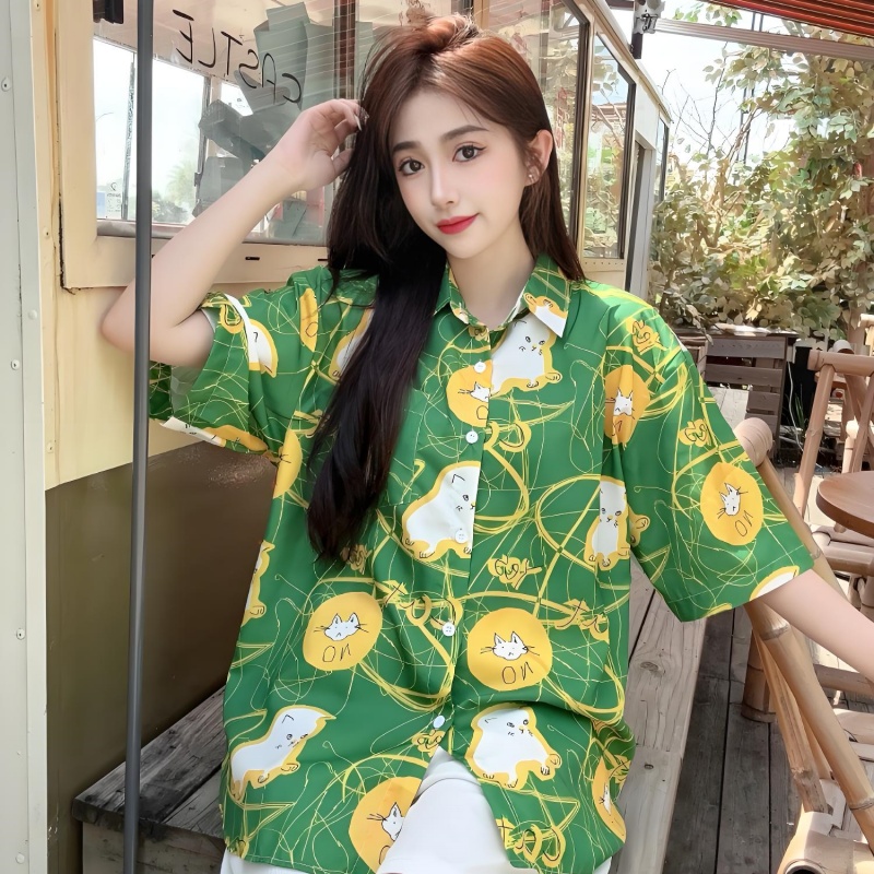 Women's Hawaiian Floral Short Sleeve Shirt - Fun Cartoon Print, Casual Beach Loose Top for Summer Style Women's Hawaiian Floral Short Sleeve Shirt - Fun Cartoon Print, Casual Beach Loose Top for Summer Style