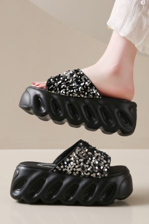 Women's Height-Increasing Sequined Flat Sandals, Summer Outdoor Slide Sandals, Soft Thick-Soled Beach Footwear 2025