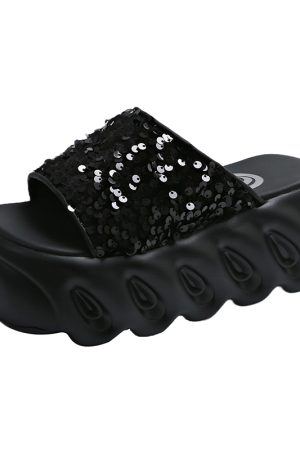 Women's Height-Increasing Sequined Flat Sandals, Summer Outdoor Slide Sandals, Soft Thick-Soled Beach Footwear 2025
