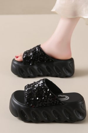 Women's Height-Increasing Sequined Flat Sandals, Summer Outdoor Slide Sandals, Soft Thick-Soled Beach Footwear 2025