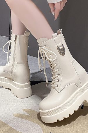 Women's High-Top Martin Boots - Thick-Soled British Style Mid-Calf Ankle Boots for Short Stature, Trendy Spring Autumn Footwear