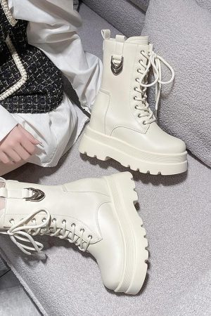 Women's High-Top Martin Boots - Thick-Soled British Style Mid-Calf Ankle Boots for Short Stature, Trendy Spring Autumn Footwear