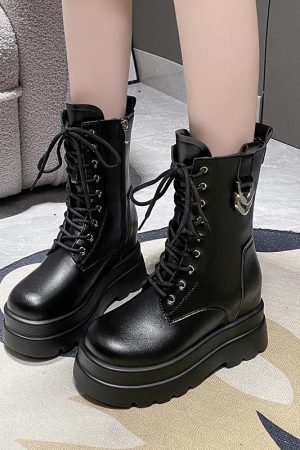 Women's High-Top Martin Boots - Thick-Soled British Style Mid-Calf Ankle Boots for Short Stature, Trendy Spring Autumn Footwear
