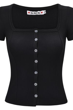 Women's High Waist Ribbed T-Shirt - Short Sleeve Square Neck Top, Go Girl Go Style, Perfect for Casual 90s Fashion