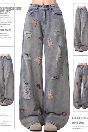 Women's High-Waisted Ripped Jeans with Bear Embroidery - Trendy Wide-Leg Pants for Spring and Autumn 2025, American High Street Style