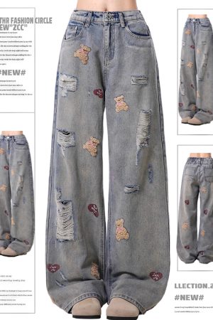 Women's High-Waisted Ripped Jeans with Bear Embroidery - Trendy Wide-Leg Pants for Spring and Autumn 2025, American High Street Style