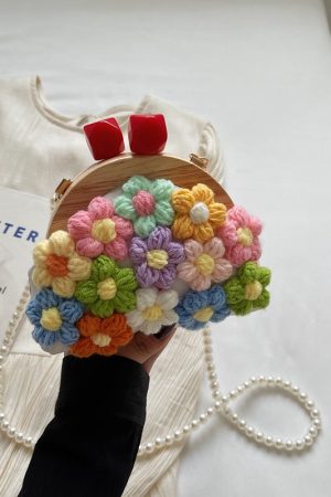 Women's Knitted Flower Pearl Chain Crossbody Shell Bag - Trendy 2025 Fashion Accessory, Perfect for Y2K and Casual Styles