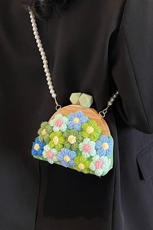 Women's Knitted Flower Pearl Chain Crossbody Shell Bag - Trendy 2025 Fashion Accessory, Perfect for Y2K and Casual Styles