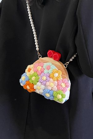 Women's Knitted Flower Pearl Chain Crossbody Shell Bag - Trendy 2025 Fashion Accessory, Perfect for Y2K and Casual Styles