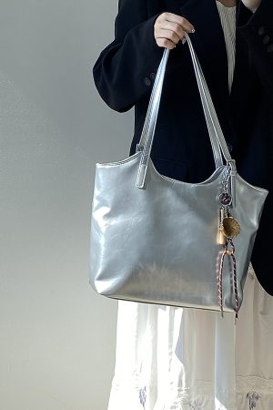 Women's Korean Style Silver Tote Bag - Trendy Large Capacity Commuter Shoulder Handbag for 2025