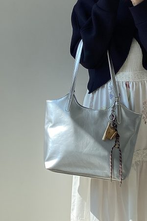Women's Korean Style Silver Tote Bag - Trendy Large Capacity Commuter Shoulder Handbag for 2025