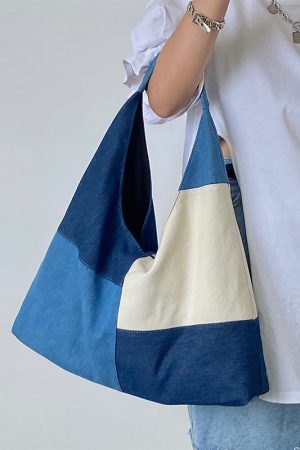 Women's Large Patchwork Color-Blocking Denim Tote Handbag - Spring Summer 2025 Shoulder Bag in Trendy Niche Design