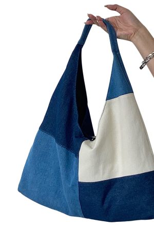 Women's Large Patchwork Color-Blocking Denim Tote Handbag - Spring Summer 2025 Shoulder Bag in Trendy Niche Design