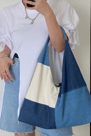 Women's Large Patchwork Color-Blocking Denim Tote Handbag - Spring Summer 2025 Shoulder Bag in Trendy Niche Design