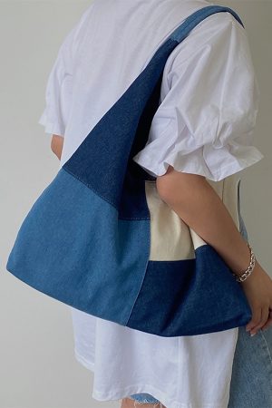 Women's Large Patchwork Color-Blocking Denim Tote Handbag - Spring Summer 2025 Shoulder Bag in Trendy Niche Design