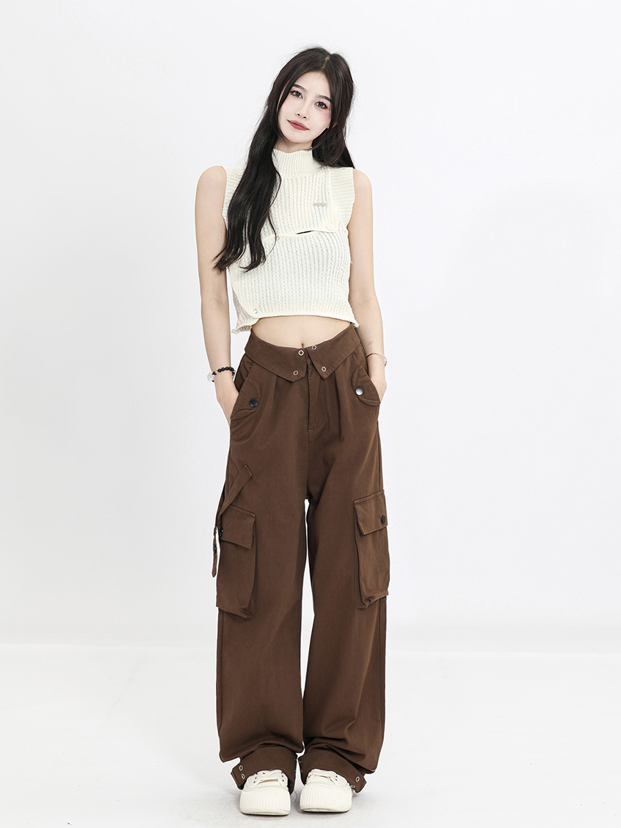Women's Multi-Pocket Straight Work Pants - Spring Style Casual Waist Flip Cover Trousers for American Street Fashion Women's Multi-Pocket Straight Work Pants - Spring Style Casual Waist Flip Cover Trousers for American Street Fashion