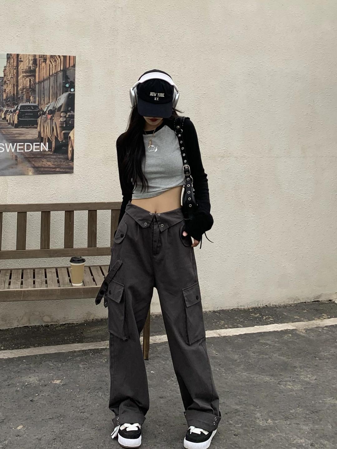 Women's Multi-Pocket Straight Work Pants - Spring Style Casual Waist Flip Cover Trousers for American Street Fashion Women's Multi-Pocket Straight Work Pants - Spring Style Casual Waist Flip Cover Trousers for American Street Fashion