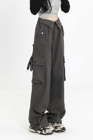 Women's Multi-Pocket Straight Work Pants - Spring Style Casual Waist Flip Cover Trousers for American Street Fashion