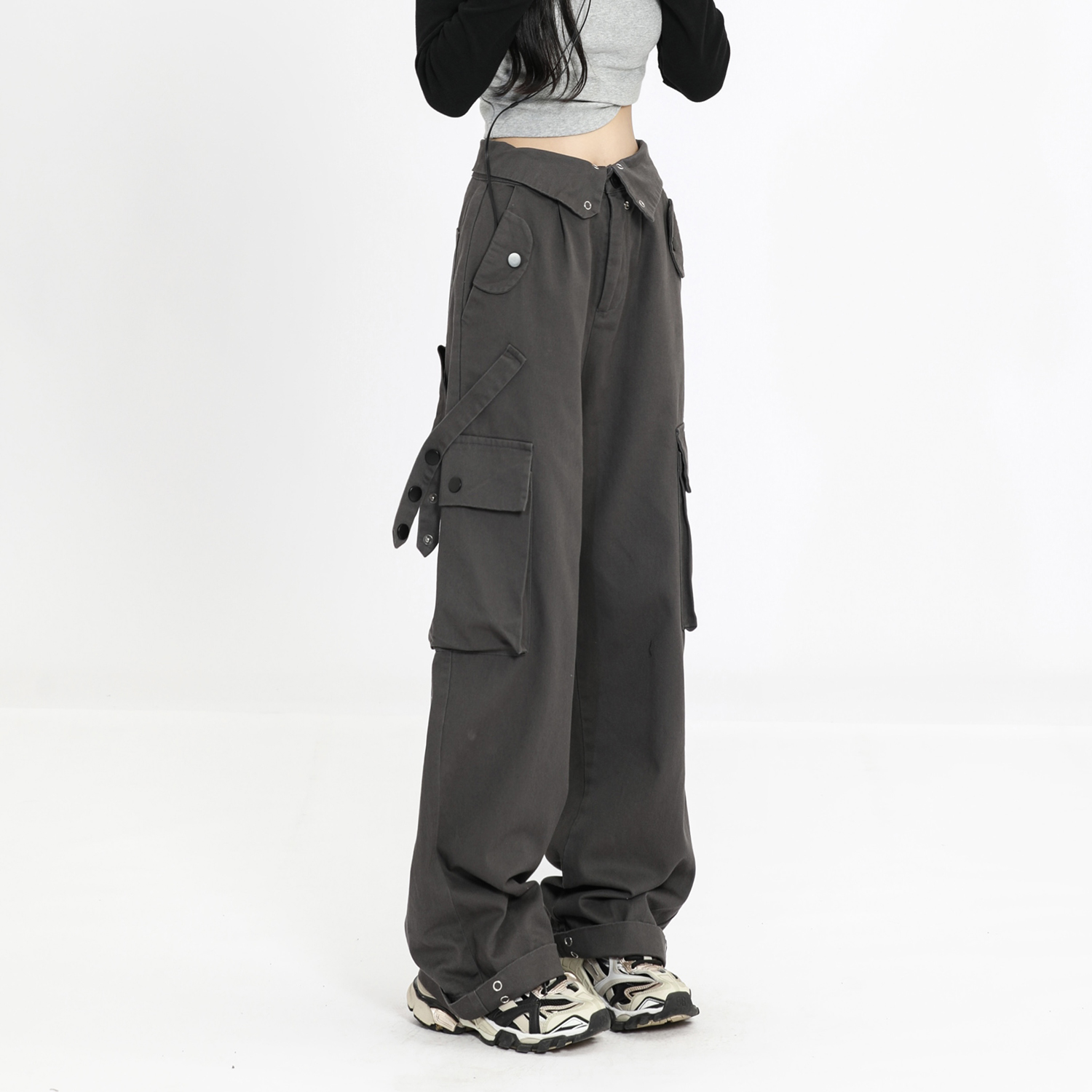 Women's Multi-Pocket Straight Work Pants - Spring Style Casual Waist Flip Cover Trousers for American Street Fashion Women's Multi-Pocket Straight Work Pants - Spring Style Casual Waist Flip Cover Trousers for American Street Fashion