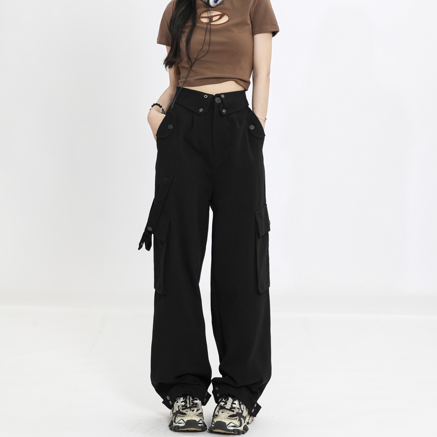 Women's Multi-Pocket Straight Work Pants - Spring Style Casual Waist Flip Cover Trousers for American Street Fashion Women's Multi-Pocket Straight Work Pants - Spring Style Casual Waist Flip Cover Trousers for American Street Fashion