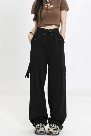 Women's Multi-Pocket Straight Work Pants - Spring Style Casual Waist Flip Cover Trousers for American Street Fashion