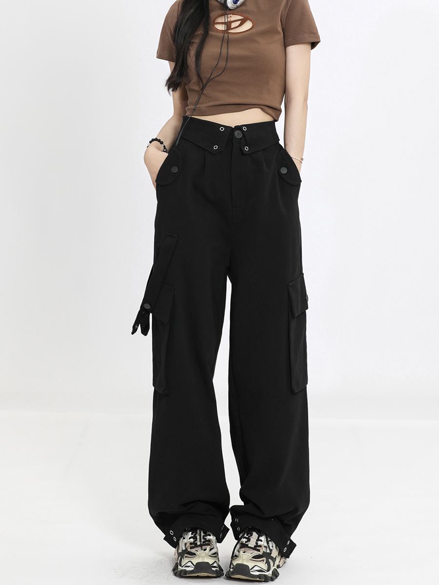Women's Multi-Pocket Straight Work Pants - Spring Style Casual Waist Flip Cover Trousers for American Street Fashion Women's Multi-Pocket Straight Work Pants - Spring Style Casual Waist Flip Cover Trousers for American Street Fashion