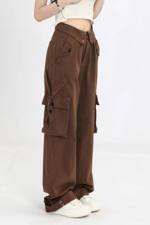 Women's Multi-Pocket Straight Work Pants - Spring Style Casual Waist Flip Cover Trousers for American Street Fashion