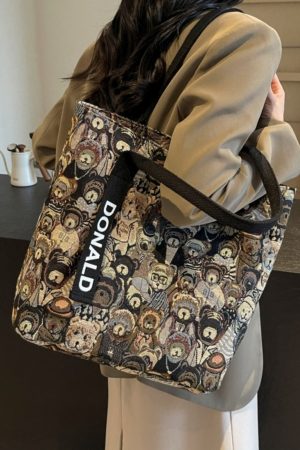 Womenâ€™s Niche Cartoon Canvas Tote Bag â€“ Large Capacity Spring 2025 Commuter Shoulder Bag for Students