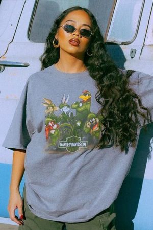 Women's Oversized American Retro Vintage T-Shirt - Trendy Loose Short Sleeve Top for Summer - European and American Style