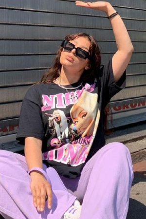 Womenâ€™s Oversized Black T-Shirt - American Retro Design, Summer Short Sleeve Top, High Street European Style