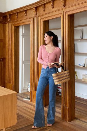 Womenâ€™s Pink French Knit Cardigan - Long Sleeve, Slim Fit, Versatile Style for Autumn 2024, Cozy 90s-Inspired Fashion