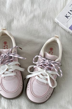 Women's Pink Mesh Panel Thick-Soled Training Shoes - Summer 2025 Breathable White Sneakers for Casual Y2K Style