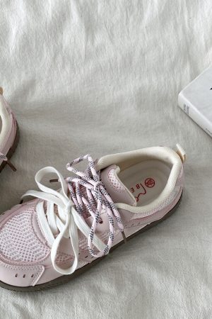 Women's Pink Mesh Panel Thick-Soled Training Shoes - Summer 2025 Breathable White Sneakers for Casual Y2K Style